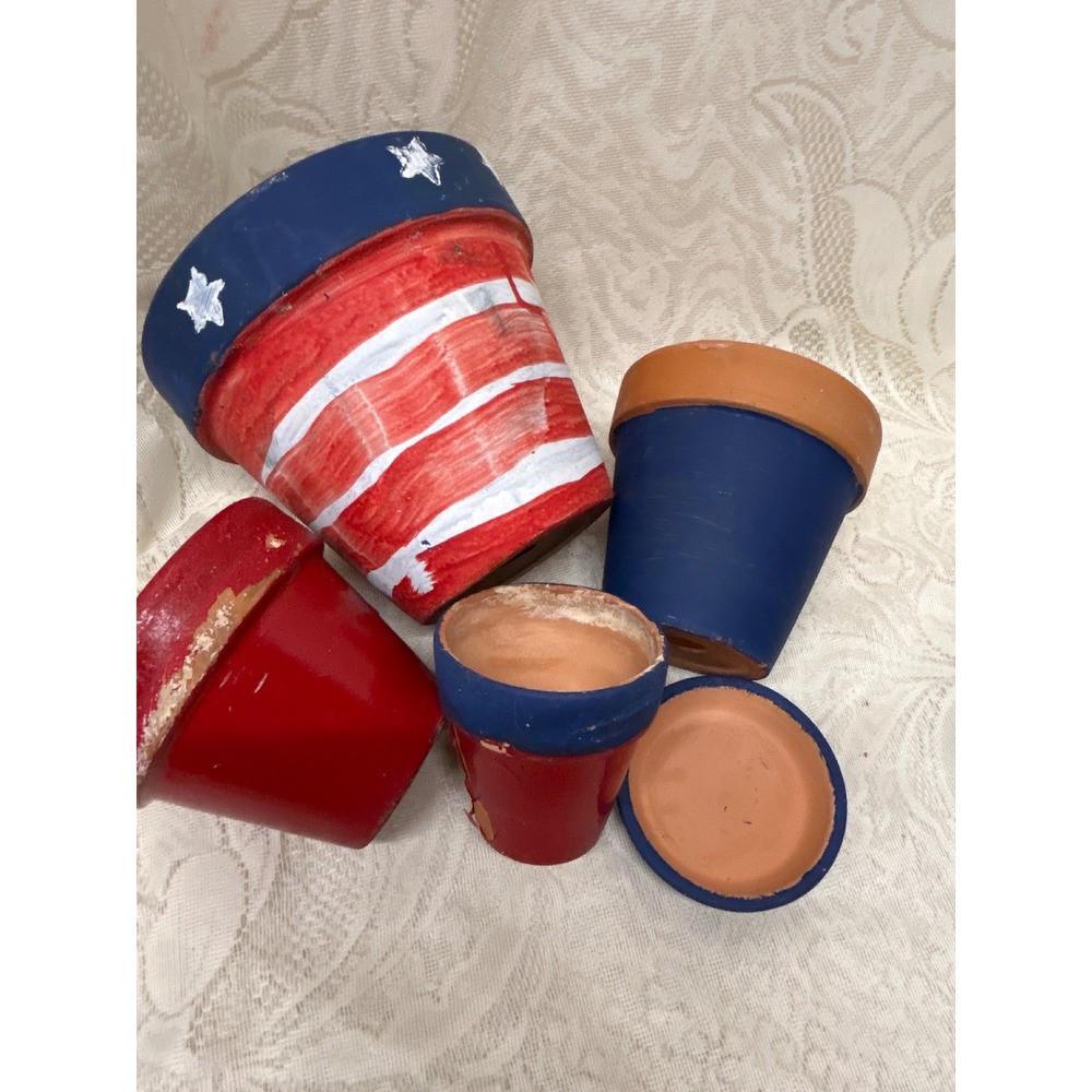 Patriotic Hand Painted Terracotta Flower Pots Set of 4 Rustic July 4th Americana